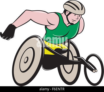 Illustration of a wheelchair racer racing on track and road viewed from side on isolated background done in cartoon style. Stock Photo