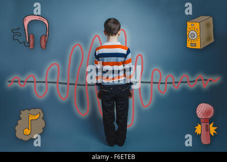 teenager boy turned the sound wave music radio sketch symbol Stock Photo