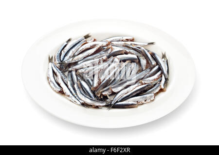 Fresh anchovies prepared seafood without head dishware with its shadow on white background Stock Photo