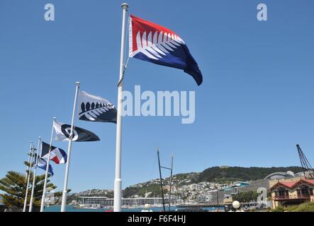 Wellington. 17th Nov, 2015. Photo taken on Nov. 17, 2015 shows five alternative national flags hanging in the city center to encourage residents joining the referendum in Wellington, New Zealand. Critics of the present flag say it is too similar to the Australian flag and that it is a hangover from the country's colonial past with the British Union Jack in its top left corner. © Su Liang/Xinhua/Alamy Live News Stock Photo