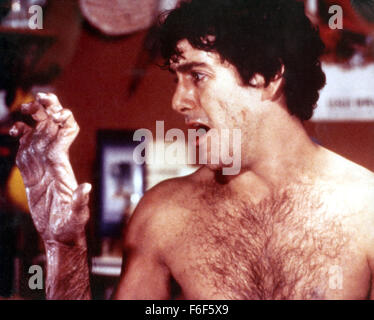 RELEASE DATE: August 21, 1981   MOVIE TITLE: An American Werewolf in London   STUDIO: Universal Pictures   DIRECTOR: John Landis  PLOT: Two American students are on a walking tour of England and are attacked by a Werewolf. One is killed, the other is mauled. The Werewolf is killed, but reverts to it's human form, and the townspeople are able to deny it's existence. The surviving student begins to have nightmares of hunting on 4 feet at first, but then finds that his friend and other recent victims appear to him, demanding that he find a way to die to release them from their curse, being trappe Stock Photo