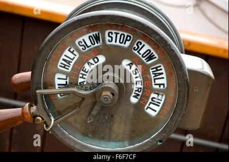 close up of the ships telegraph on RRS Discovery Royal Research Ship moored at Discovery Point Dundee Stock Photo