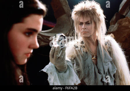 RELEASE DATE: June 27, 1986   MOVIE TITLE: Labyrinth  DIRECTOR: Jim Henson  STUDIO: TriStar Pictures   PLOT: Sarah, a teen, summons the goblins from her fave book, the Labyrinth, to steal her baby 1/2 bro Toby. When they actually do, she must solve the Goblin King's (Bowie) Labyrinth in 13 hours or else Toby will become a goblin  PICTURED: DAVID BOWIE as Jareth the Goblin King  (Credit Image: c TriStar Pictures/Entertainment Pictures) Stock Photo