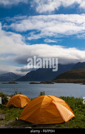 tourist tent on lakeside in mountains,  summertime, Norway Stock Photo