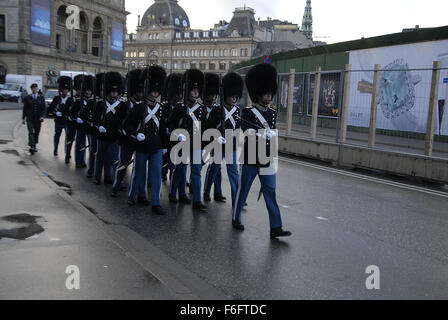 Copenhagen, Denmark. 17th November, 2015. Queen Margrethe's live guards marching through Copenhagen city to Guards change at Aamalienborg palace. Credit:  Francis Dean/Alamy Live News Stock Photo