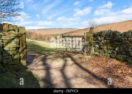Footpath passing through an open wooden five bar farm gate on farmland in North Derbyshire, Peak District, England, UK Stock Photo