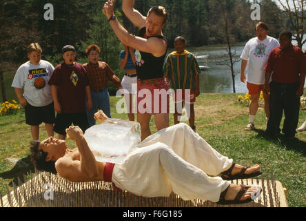 RELEASE DATE: February 17, 1995. MOVIE TITLE: Heavy Weights. STUDIO: Walt Disney Pictures. PLOT: Jerry, an overweight pre-teen, is sent to afat farm for the summer, lured by the promise of go-karts and swimming fun. When he arrives, however, he finds that the camp has been bought out by an exercise/fitness guru whose mental stability quickly deteriorates. Jerry and his friends--including a counselor whose been there 18 years--finally make a stand. PICTURED: BEN STILLER as Tony Perkis and TOM HODGES as Lars. Stock Photo