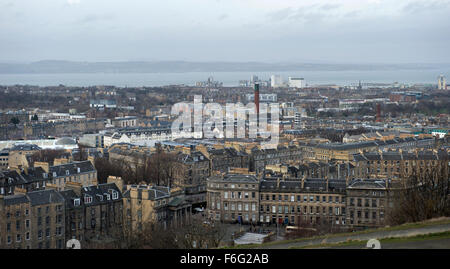 Looking North from Calton Hill across Edinburgh towards Leith and the Firth of Forth Stock Photo