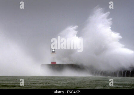 Newhaven, UK. 17th November, 2015. Storm Barney causing huge waves to strike the port's breakwater at Newhaven. Ferry services from Newhaven to Dieppe have been cancelled due to the storm force winds. Peter Cripps/Alamy Live News Stock Photo