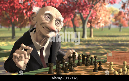 RELEASE DATE: November 25, 1997. MOVIE TITLE: Geri's Game. STUDIO: Pixar Animation Studios. PLOT: In an empty, tree-filled park, an old man sets out a game of chess. Sitting, he puts on spectacles and makes the first move: 1) e4. He removes his glasses, stands, and with the bent shuffle of a pensioner, walks around the table to sit on the other side. He smiles, his eyes brighten, he chuckles and makes his move. He walks to the other side, sits, puts on his glasses, and makes a move. The game continues, and soon Black is shredding White's defenses, taking piece after piece. Soon White is down t Stock Photo