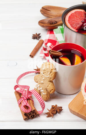 Christmas mulled wine on wooden table closeup Stock Photo