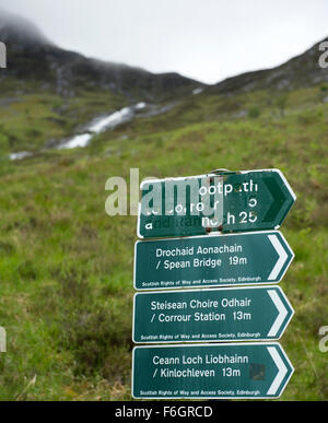 Information for walkers.  Route signage at the entrance to Glen Nevis Stock Photo