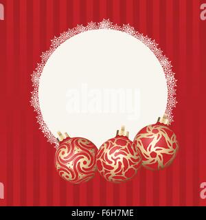 Text frame with white snowflakes border and three different Christmas balls with gold design. Vector Christmas card Stock Vector
