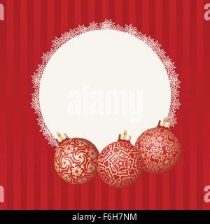 Text frame with white snowflakes border and three different Christmas balls with gold design. Vector Christmas card Stock Vector