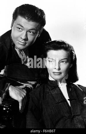 1944, Film Title: DRAGON SEED, Director: JACK CONWAY, Studio: MGM, Pictured: ASIAN MAKEUP, TURHAN BEY, KATHARINE HEPBURN, STUDIO, PORTRAIT, SERIOUS, CONTEMPLATIVE, HAIR - SLICKED, ORIENTAL. (Credit Image: SNAP) Stock Photo