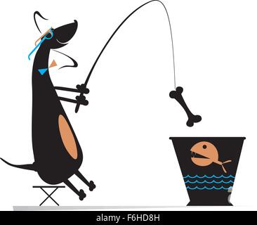 Comic dog fishes in a bucket Stock Vector