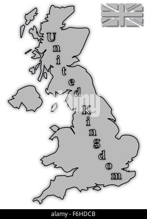 A grey UK map with with text and a grey UK flag Isolated on a white background Stock Photo