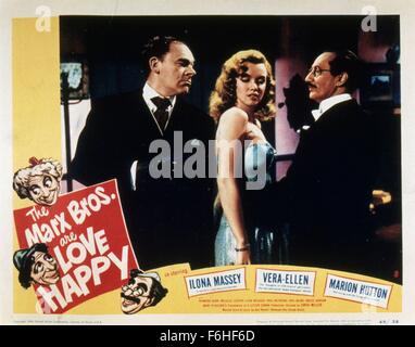 1949, Film Title: LOVE HAPPY, Director: DAVID MILLER, Studio: COLUMBIA, Pictured: GROUCHO MARX, DAVID MILLER, MARILYN MONROE, MENAGE A TROIS, LOBBY CARD, CAUGHT IN THE MIDDLE, LOVE TRIANGLE, SURROUNDED BY MEN, PREY. (Credit Image: SNAP) Stock Photo