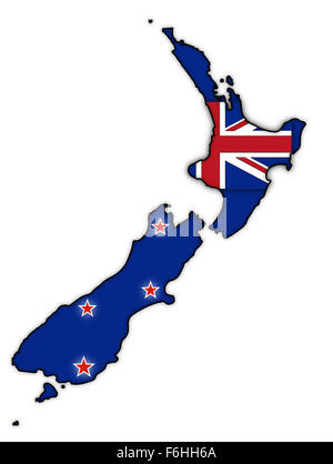 A New Zealand map with a flag design inside isolated on a white background Stock Photo