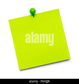 Green Paper Note with Copy Space and Tack Isolated on a White Background. Stock Photo