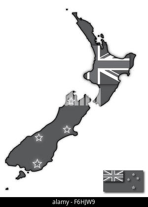 A grey New Zealand map with a flag design inside isolated on a white background Stock Photo