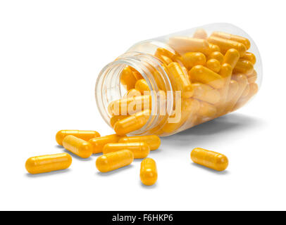 Bottle of Medicine Pills Open and Tipped Over Isolated on a White Background. Stock Photo