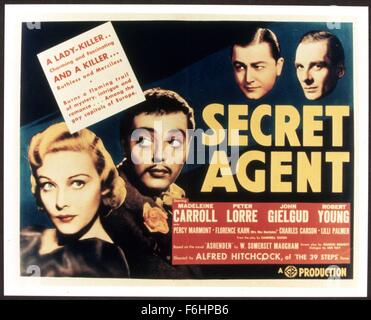 1936, Film Title: SECRET AGENT, Director: ALFRED HITCHCOCK, Studio: GAUMONT UK, Pictured: MADELEINE CARROLL, JOHN GIELGUD, ALFRED HITCHCOCK, PETER LORRE. (Credit Image: SNAP) Stock Photo