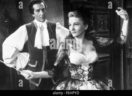 1954, Film Title: CASANOVA'S BIG NIGHT, Director: NORMAN Z McLEON, Pictured: JOAN FONTAINE, NORMAN Z McLEON, BASIL RATHBONE. (Credit Image: SNAP) Stock Photo