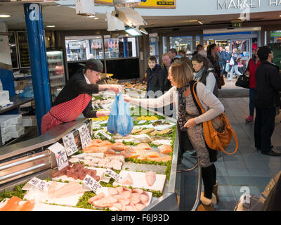 Meat and fish stalls at Bury Market, Lancashire Stock Photo