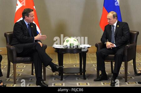 Russian President Vladimir Putin and British Prime Minister David Cameron meet on the sidelines of the G20 summit November 16, 2015 in Antalya, Turkey. Stock Photo