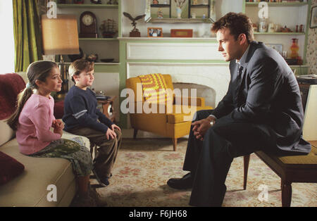 RELEASE DATE: March 26, 2004. MOVIE TITLE: Jersey Girl. STUDIO: Miramax Films. PLOT: After his career is sidelined from an unexpected tragedy and a personal blowup, a single man must take care of his precocious daughter. PICTURED: BEN AFFLECK stars as Ollie Trinke with RAQUEL CASTRO as Gertie Trinke. Stock Photo