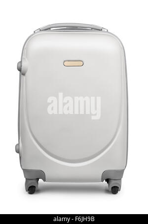 Plastic travel suitcase isolated on white Stock Photo