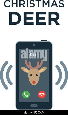 Concept of personalized phone call from Christmas Deer. Isolated on white Stock Vector