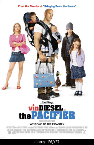 RELEASE DATE: March 4, 2005   MOVIE TITLE: The Pacifier   STUDIO: Walt Disney Pictures   PLOT: The film is the story of an undercover agent who, after failing to protect an important government scientist, learns the man's family is in danger. In an effort to redeem himself, he agrees to take care of the man's children only to discover that child care is his toughest mission yet. Directed by Adam Shankman.   PICTURED: Movie poster with VIN DIESEL as Shane Wolfe.   (Credit Image: c Walt Disney Pictures/Entertainment Pictures) Stock Photo