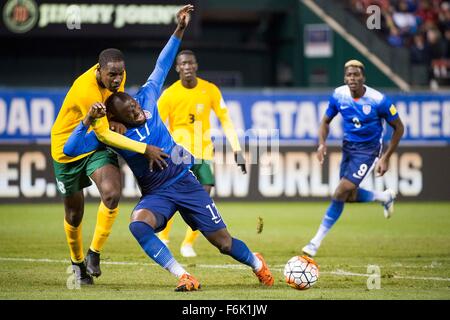 November 13, 2015: St. Vincent & The Grenadines defender Reginald Richardson (18) blocks a pass from USA forward Jozy Altidore (17) during a 2018 World Cup qualifier soccer match-up between the USA and St. Vincent & The Grenadines at Busch Stadium in Saint Louis, Missouri. USA defeated St. Vincent & The Grenadines 6-1. Ryan Michalesko/CSM Stock Photo