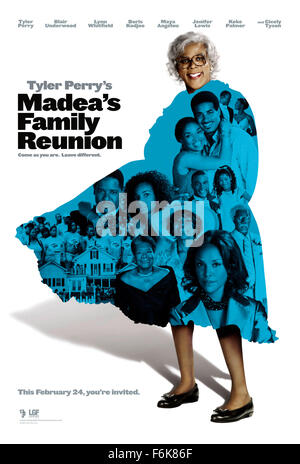 RELEASE DATE: February 24, 2006. MOVIE TITLE: Madea's Family Reunion. STUDIO: Lions Gate Films. PLOT: While planning her family reunion, a pistol-packing grandma (Perry) must contend with the other dramas on her plate, including the runaway who has been placed under her care, and her love-troubled nieces. PICTURED: TYLER PERRY as Madea / Brian / Joe. Stock Photo