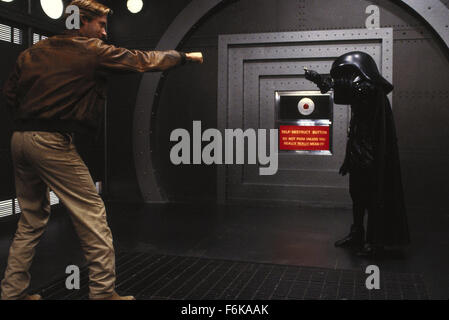 RELEASE DATE: June 24, 1987. MOVIE TITLE: Spaceballs. STUDIO: MGM. PLOT: Planet Spaceball's President Skroob sends Lord Dark Helmet to steal Planet Druidia's abundant supply of air to replenish their own, and only Lone Starr can stop them. PICTURED: BILL PULLMAN as Lone Starr and RICK MORANIS as Dark Helmet. Stock Photo