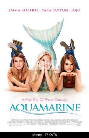 RELEASED: Mar 3, 2006.  Film Title: AQUAMARINE.  PLOT: After a vicious storm , half the ocean washes into the beach club swimming pool. Two teenagers, Haley and Claire, discover a mermaid in the pool. She tells them that she needs to find love in three days, and they agree to help her because helping a mermaid means you get a wish, and they decide that they can use their wish to try and stop Haley from moving to Australia.  PICTURED: (L-R): Actress EMMA ROBERTS as Claire, JOANNA JOJO LEVESQUE as Hailey, and SARA PAXTON as Aquamarine in the Elizabeth Allen directed comedy/drama, 'Aquamarine.' Stock Photo