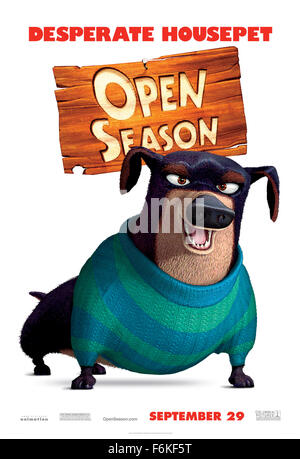 RELEASE DATE: September 29, 2006. MOVIE TITLE: Open Season. STUDIO: Columbia Pictures. PLOT: A happily domesticated grizzly bear named Boog, has his perfect world turned upside down after he meets Elliot, a scrawny, fast-talking one-horned wild mule deer. They both end up stranded together in the woods during hunting season and it's up to the duo to rally all the other forest animals and turn the tables on the hunters. PICTURED: . Stock Photo
