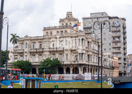 Spanish Embassy with the flags of Spain and the European Union, Embajada de Espana, Street Scene, La Habana, Cuba, Caribbean, Stock Photo