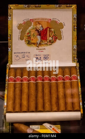 known cigar brand of Cuban cigars Romeo y Julieta in a Cuban Zigarrengeschät in Old Havana, souvenirs, La Habana, Cuba,Caribbean Stock Photo