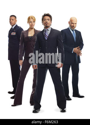 RELEASE DATE: May 2008. MOVIE TITLE: Iron Man. STUDIO: Marvel Enterprises. PLOT: When Tony Stark is forced to create a life support suit to keep him alive after an accident he decides to use the technology in his suit to fight crime. PICTURED: TERRENCE HOWARD as Jim Rhodes, GWYNETH PALTROW as Virginia 'Pepper' Potts, ROBERT DOWNEY JR. stars as Tony Stark and JEFF BRIDGES as Obadiah Stane / Iron Monger. Stock Photo