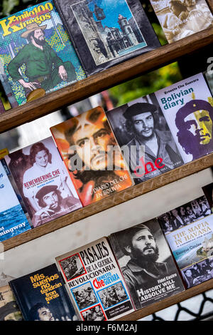 Antiquarian, used books on Ernesto Che Guevara and Fidel Castro at the flea market in the streets of Old Havana, Hero Stock Photo
