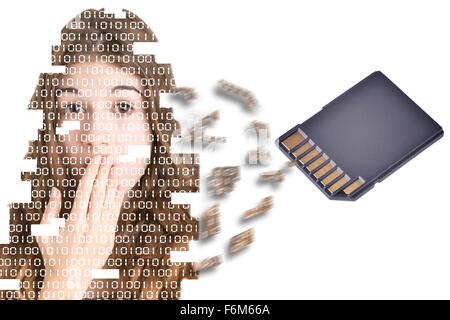 Shocked Woman Covering her Mouth with her hand. Binary code over the face. Image edges cut out. Stock Photo