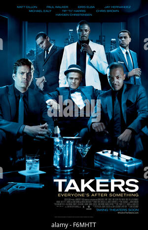 RELEASE DATE: February 26, 2010. MOVIE TITLE: Takers. STUDIO: Rainforest Films. PLOT: A group of bank robbers find their $20 million plan interrupted by a hard-boiled detective. PICTURED: Cast publicity poster Stock Photo