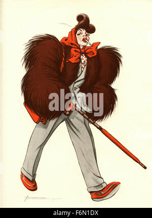 German satirical illustrations 1950: A woman with umbrella and cigarette Stock Photo