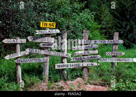 Direction Signs along Hiking Trails near Powell River on the Sunshine Coast, BC, British Columbia, Canada Stock Photo