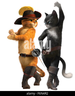 April 9, 2014 - London, Great Britain - (Left to right) Puss In Boots and Kitty Softpaws in DreamWorks Animation?s PUSS IN BOOTS, to be released by Paramount Pictures on November 4, 2011.......(Credit Image: c face to face/Entertainment Pictures) Stock Photo