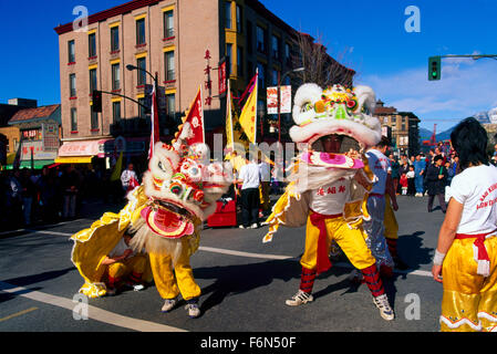 Chinese New Year Lion Dance (aka Dragon Dance) at Parade and Celebration - Chinatown, Vancouver, BC, British Columbia, Canada Stock Photo
