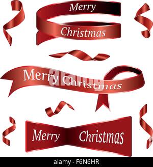 Red realistic detailed curved paper Merry Christmas banner isolated on white background. Vector illustration Stock Vector